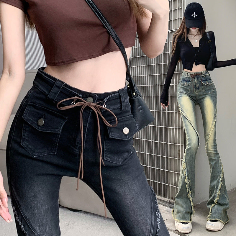 Real Shot Retro Furred Lace Strap Micro Cropped Denim Pants Female New Spice Girl High-Waisted Stretch Flared Pants