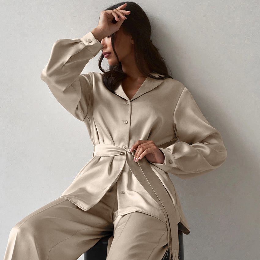 Khaki Suit Collar Feather High Waist Elastic Satin Suit New Spring Fashion Woman