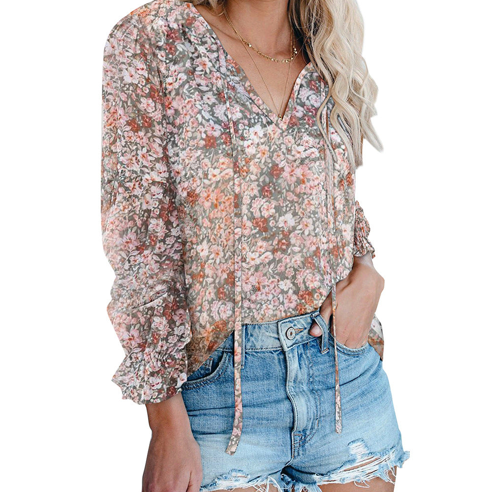 Bohemian Style Long-Sleeved Chiffon Blouse Women's Loose V-Neck Pullover Top