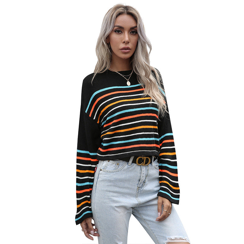 Women's Autumn Knitted Pullover Striped Long-Sleeved Crewneck Bottom Sweater Woman