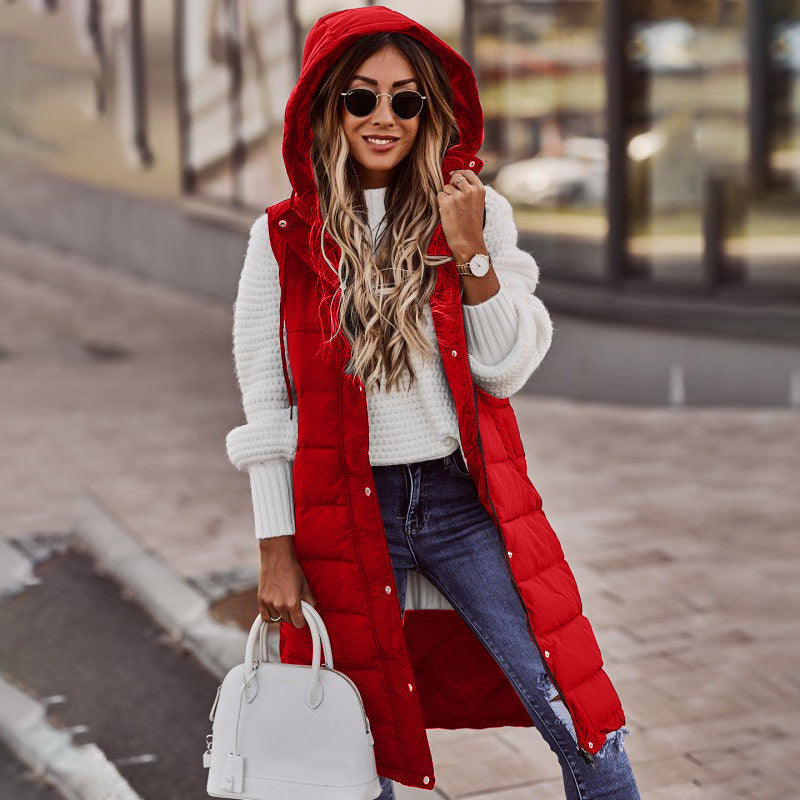 Solid Color Hooded Single Breasted Medium Long Cotton-Padded Vest Slim Temperament Cardigan Coat Top