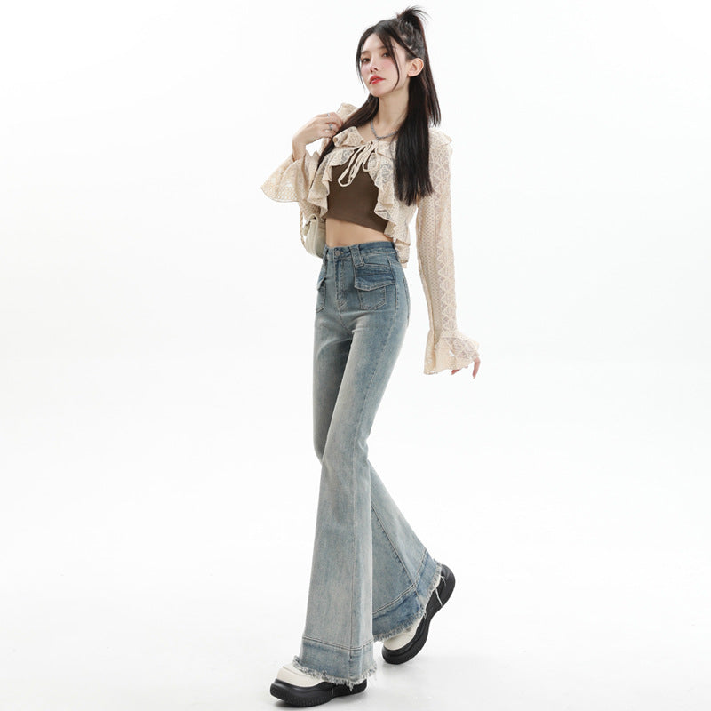 Micro High-Waisted Jeans Women's Double Pocket Advanced Slim Flared Pants Thin Mopping Pants Autumn And Winter