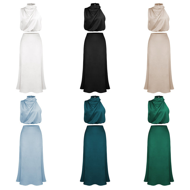 Summer Women's New Sexy Bib Top Hanging Half Skirt Casual Fashion Suit Evening Dress
