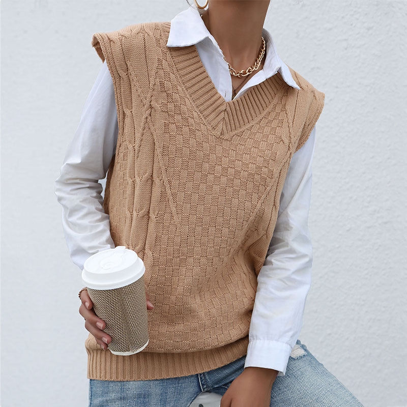 Early Autumn New Fashion Knitting Solid Color Twist Sweater Vest Woman