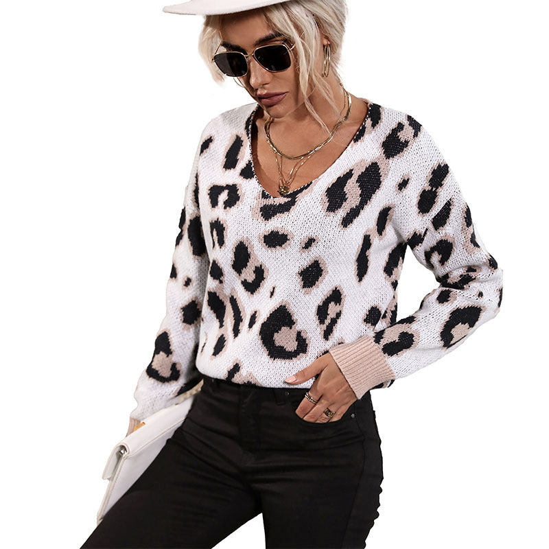 Autumn & Winter Stylish Women's Long-Sleeved Leopard V-Neck Sweater