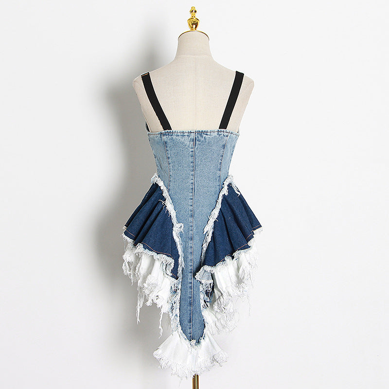 Spring New Niche Design Sense Color Matching Denim Waist Slimming Waistcoat Halter Top Female Tide