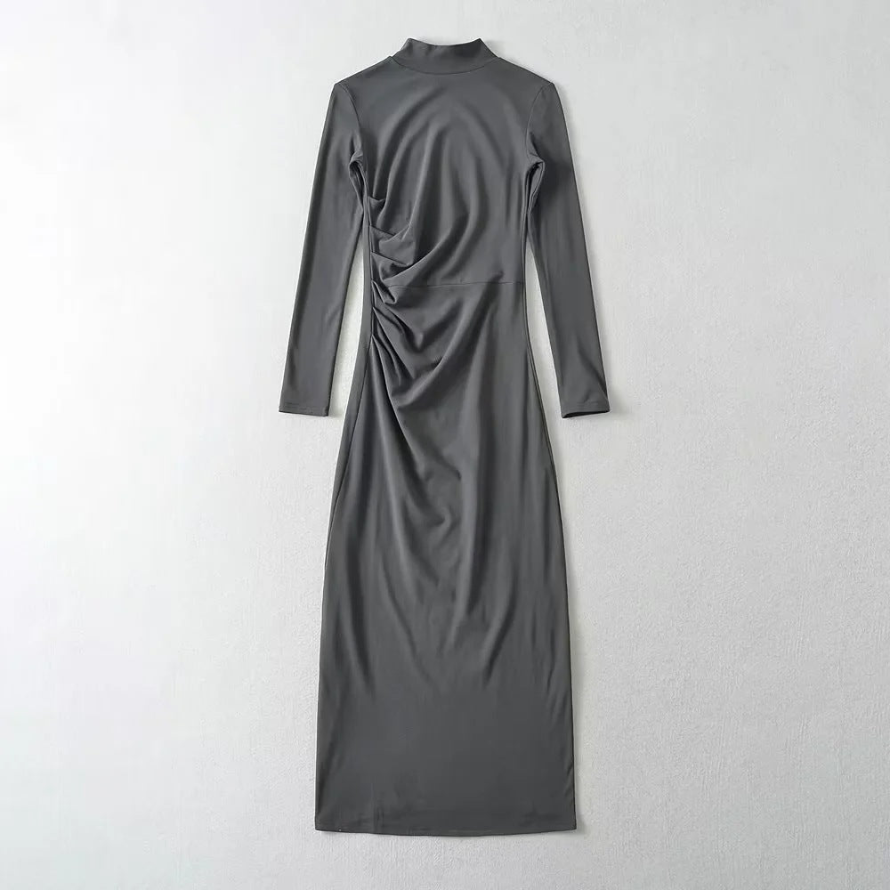 Female New Spring New Sexy Spice Girl Pure Wind Half High Neck Long Sleeve Pleated Dress