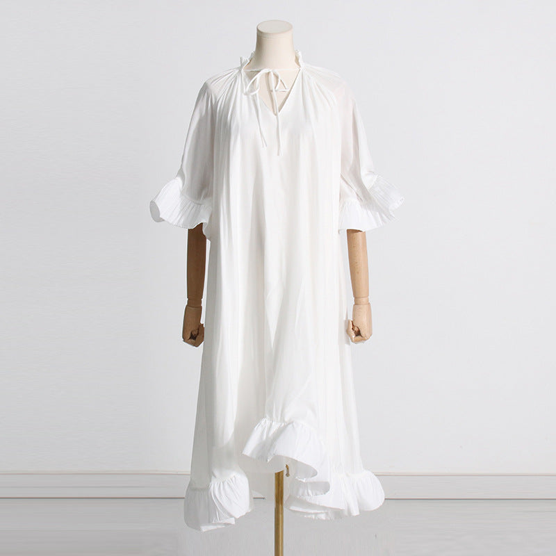 Palace Retro Style Spring V-Neck Tie Loose Waist Oversized Skirt Skirt Solid Color Dress Woman