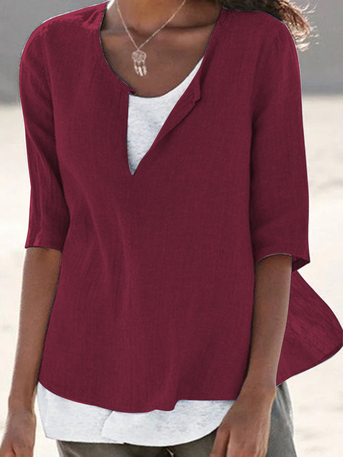 New Autumn And Winter V-Neck Solid Color Cotton Linen Large Size Sleeve Women's Shirt