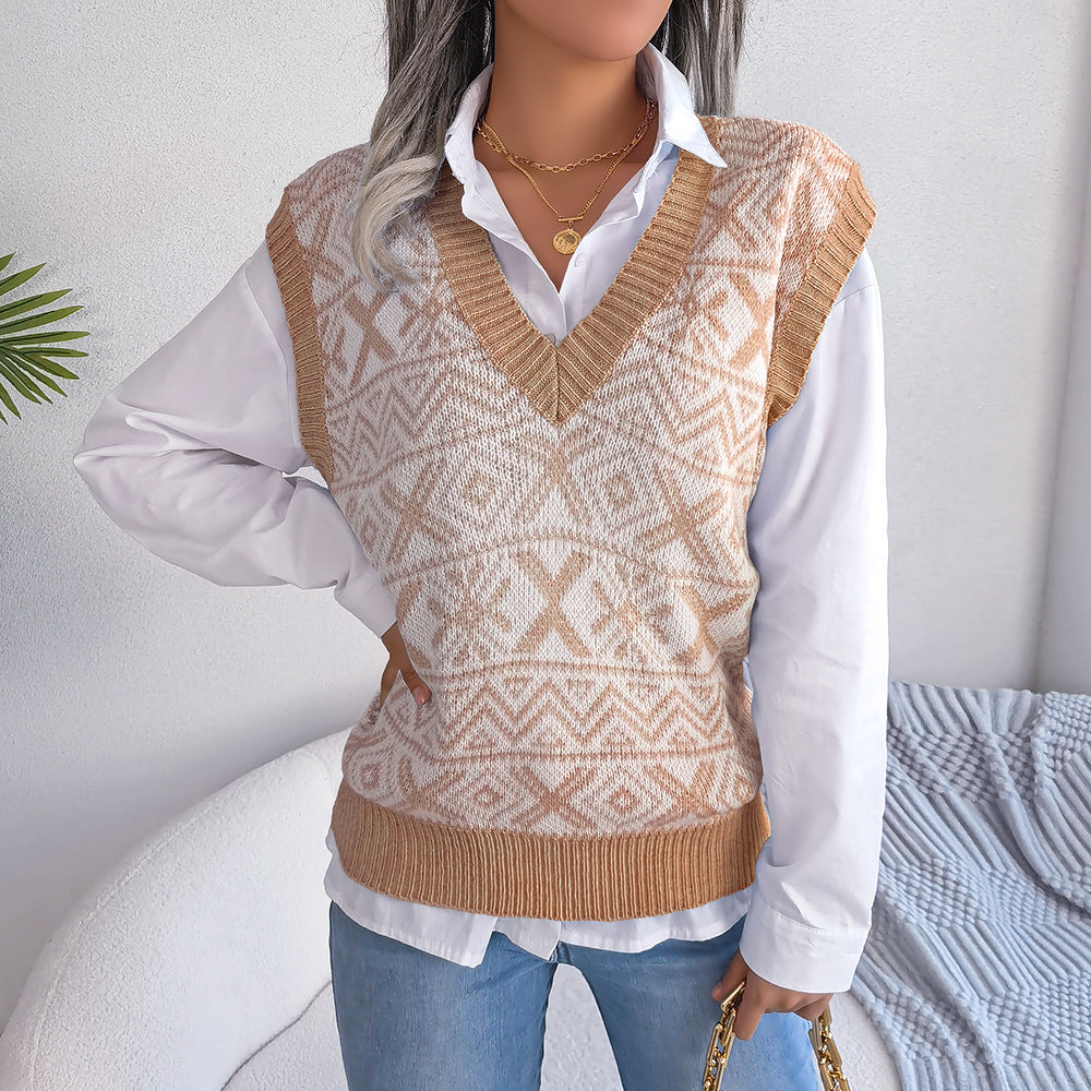 Autumn And Winter Christmas Snow Pattern V-Neck Knitted Vest Sweater Women's Wear