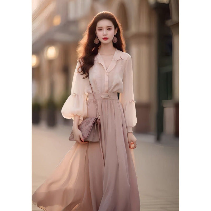 Autumn Wear With New Style Of Small Fragrance Shirt Suit Fashionable Temperament Pink Long Skirt Two-Piece Dress