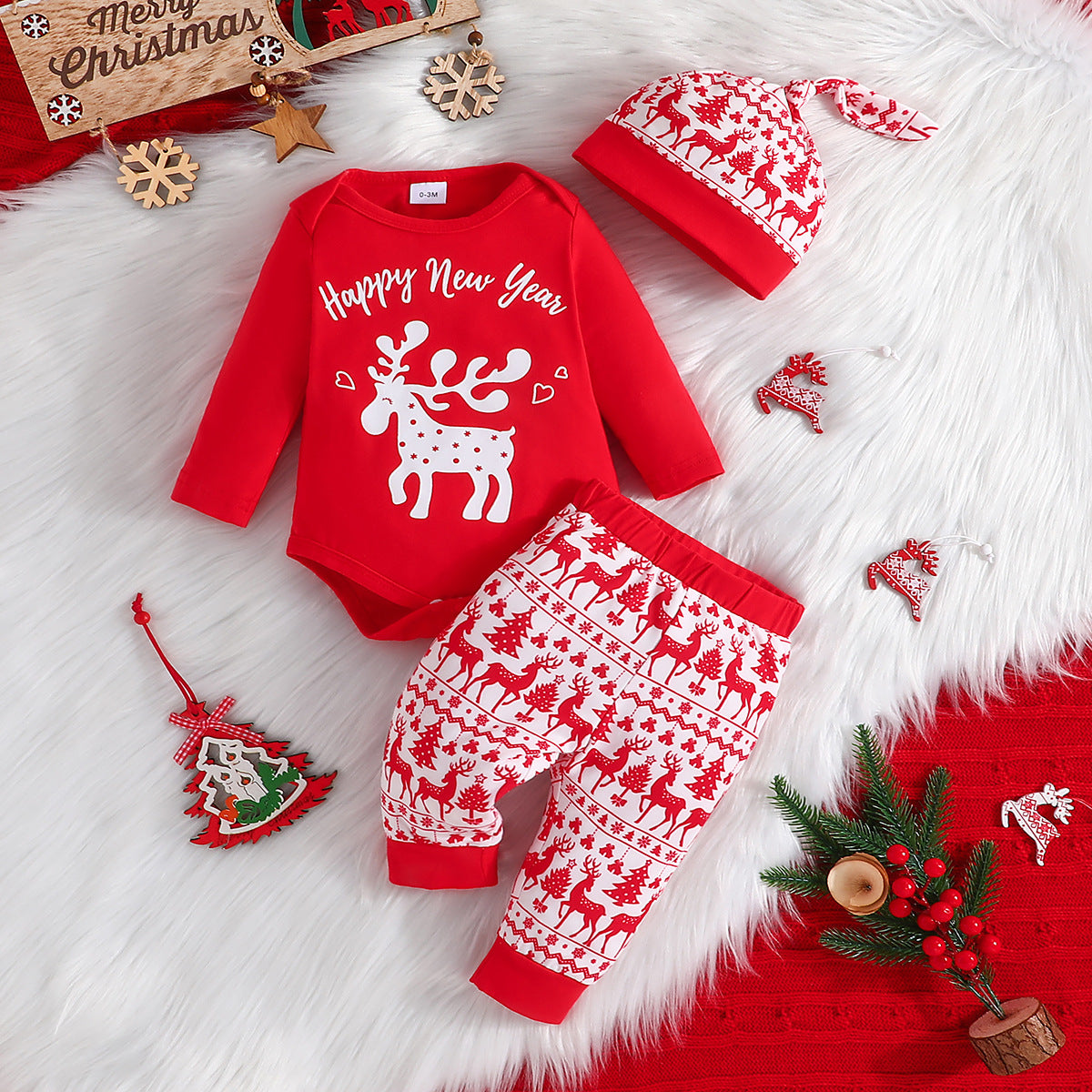 New Christmas Elk Print Top + Christmas Pattern Pants + Christmas Hat Three-Piece Set