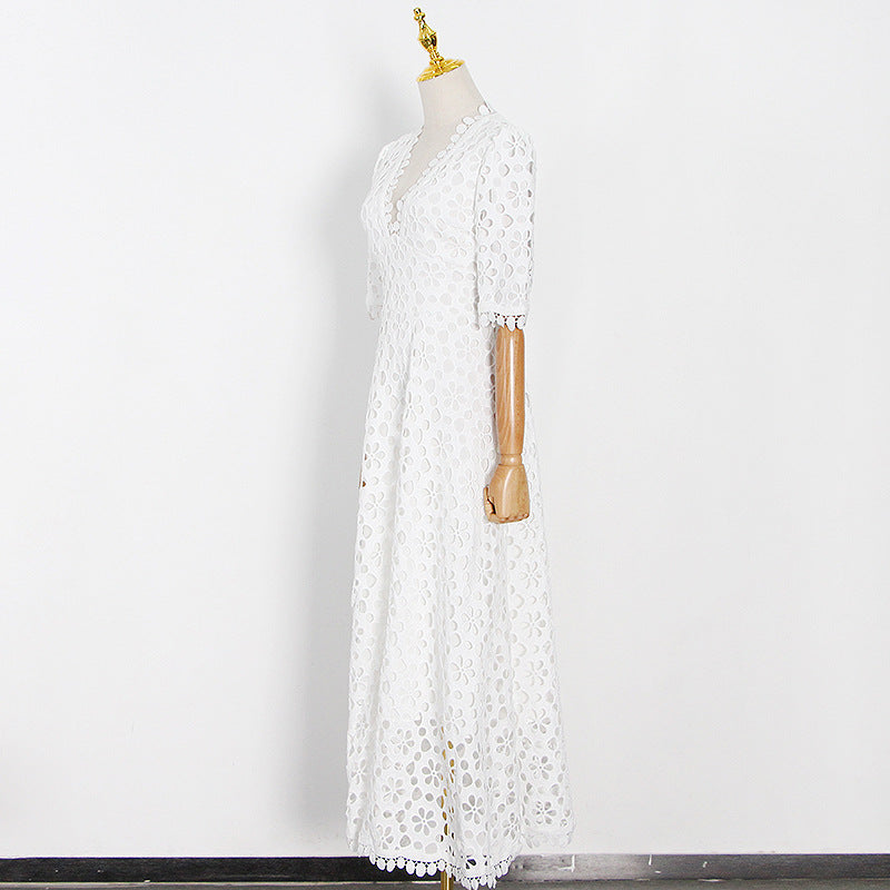Autumn New V-Neck Waist Hook Flower Hollow Solid Color Swing Dress