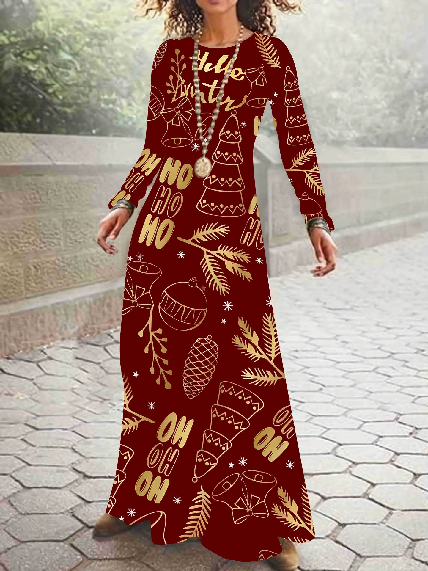 Hot Autumn Winter Long-Sleeved Christmas Casual Women's Dress Print Elegant Temperament