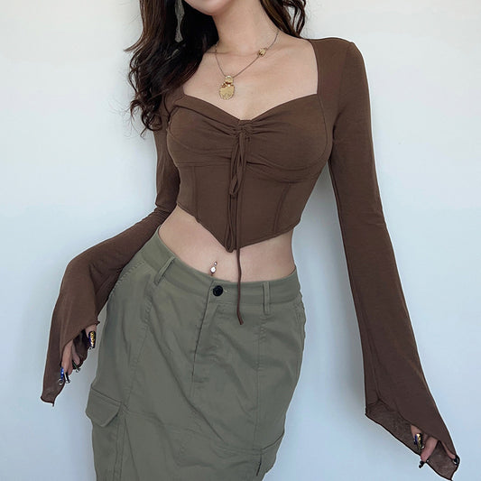 Street Spice Style Sexy Low V-Neck Long Sleeve T-Shirt Fishbone Waist Irregular Slim Draw Pleated Crop Top