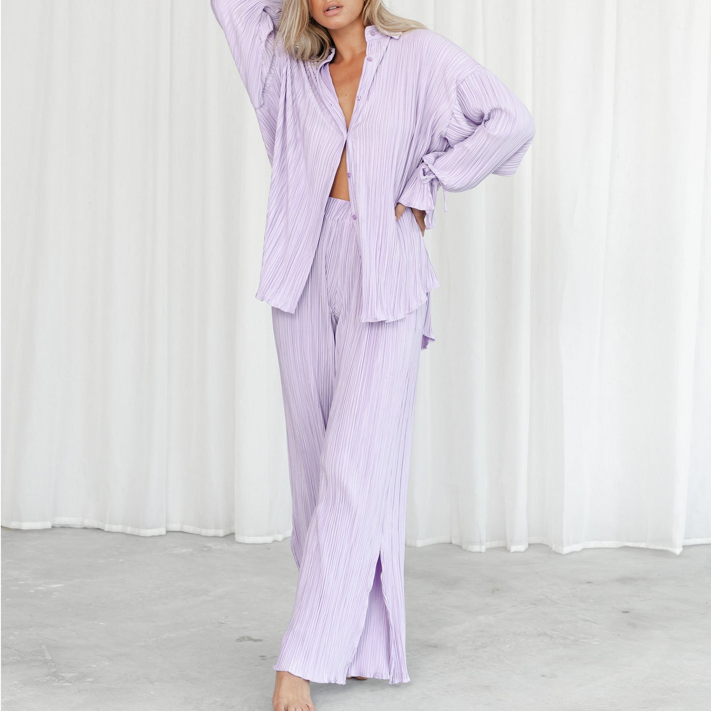 Women's Autumn New Fashion Set Pleated Shirt Long Sleeve Split Pajamas Two-Piece Set
