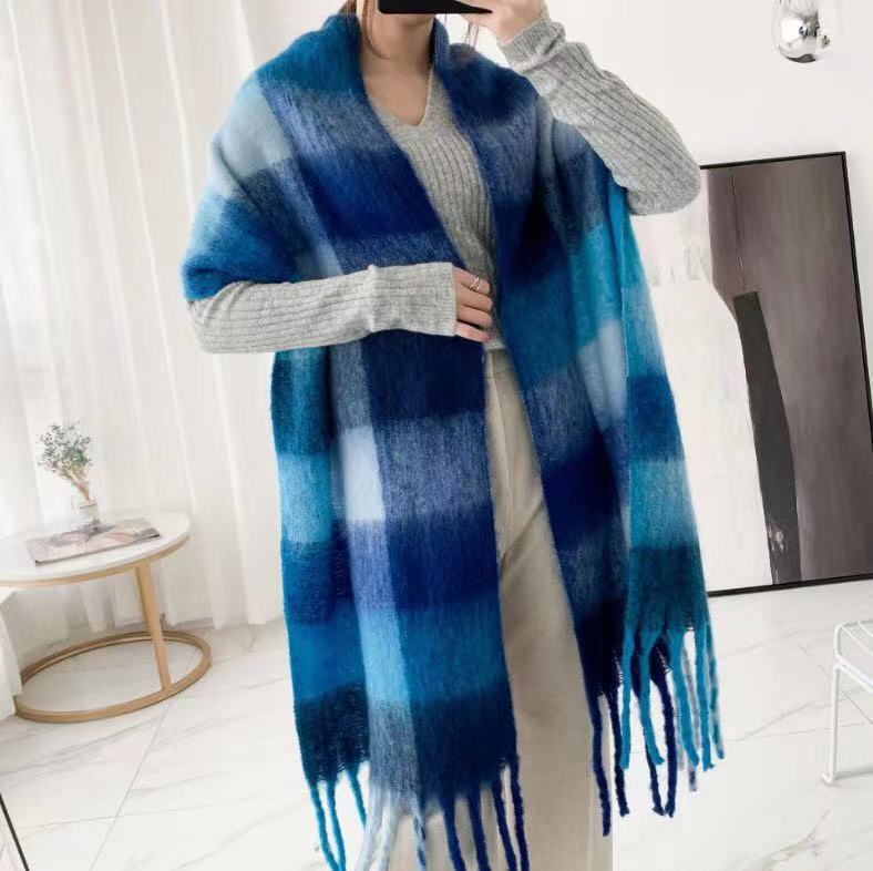 Girdle Female Autumn And Winter New Imitation Cashmere Scarf Female Rainbow Plaid Fringe Version Style Cape Knitted Outside