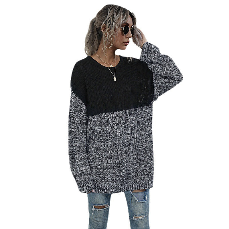 Color Contrast Round Neck Long Sleeve Knitted Sweater - Women's Medium-Length Fashion