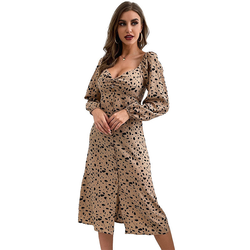 Women's New Spring New Leopard Print Long-Sleeved Dress In Long Style