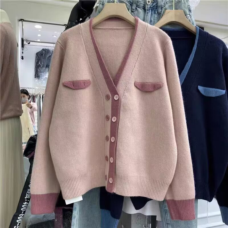 Small Fragrance Quality Double Breasted Knitted Cardigan Women's Design Sense Of Color Patchwork Small Soft Waxy Sweater Coat Top