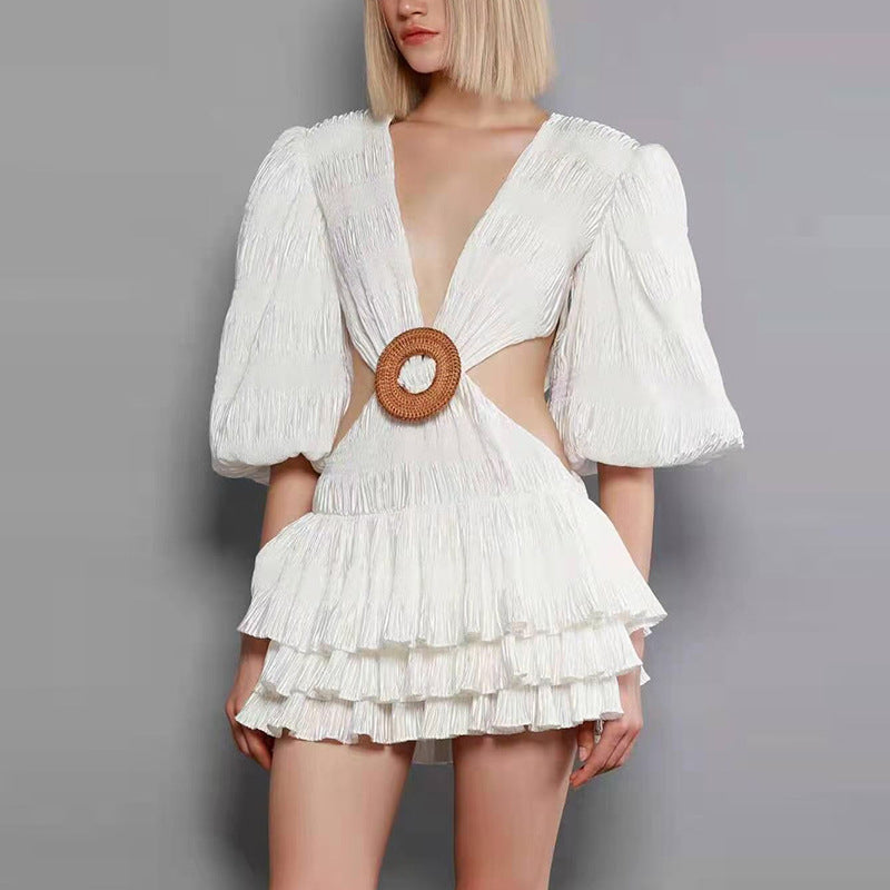 Dew Waist A-Line Skirt Autumn New Careful Machine Sexy Solid Color V-Neck Bubble Sleeve Dress Woman