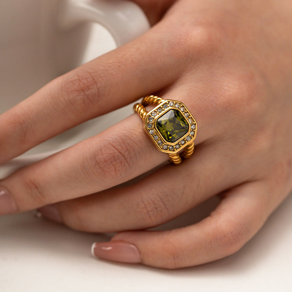 5pcs Niche Design Exaggeration Style 18K Double Octagon Olive Green Zircon Twist Ring Does Not Fade Jewelry