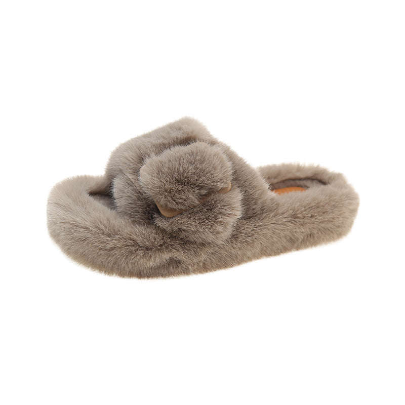 Autumn And Winter New Word Buckle Inside The Cashmere Fashion Senior Sense Outside To Wear Female Furry Slippers