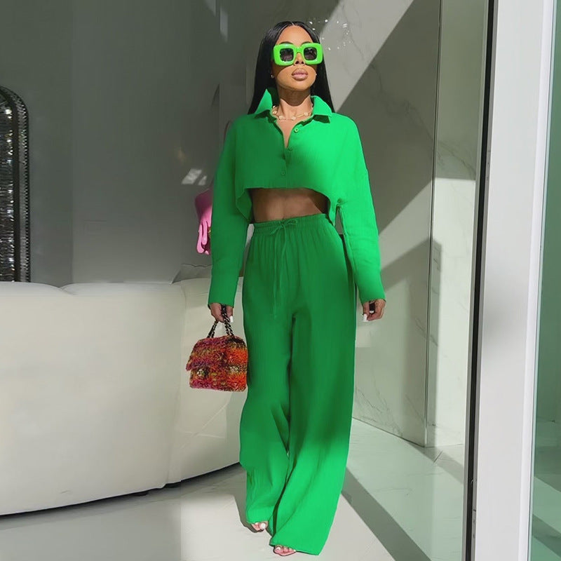 Women's New Autumn Simple Solid Color Short Shirt Wide Leg Trousers Leisure Suit