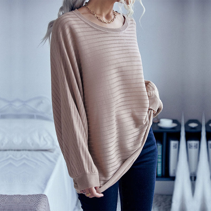 New Autumn Round Neck Medium Long Loose Solid Color Batsleeve Sweater