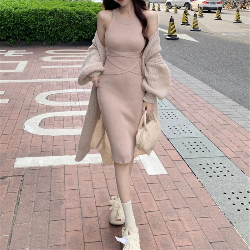 Chic & Cozy: Fall/Winter Pure Lazy Style Knit Skirt + Sweater Coat Set for Fashion-Savvy Women
