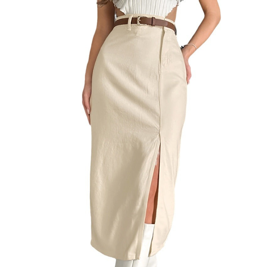 Apricot Cotton Straight Cylinder Slit Commuter Slim High Waist Skirt New Fashion Women's Dress