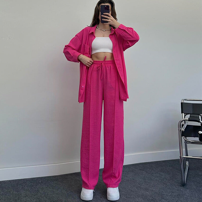 Women's Autumn And Winter Long-Sleeved Shirt Folds Elastic Waist Trousers Elegant Two-Piece Set New