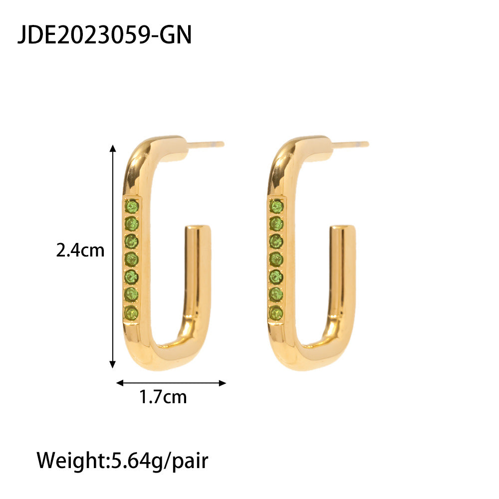 5pcs 18K Gold-Plated Stainless Steel Ring Earrings White // Light Green Inlaid Zircon Titanium Steel Earrings Female