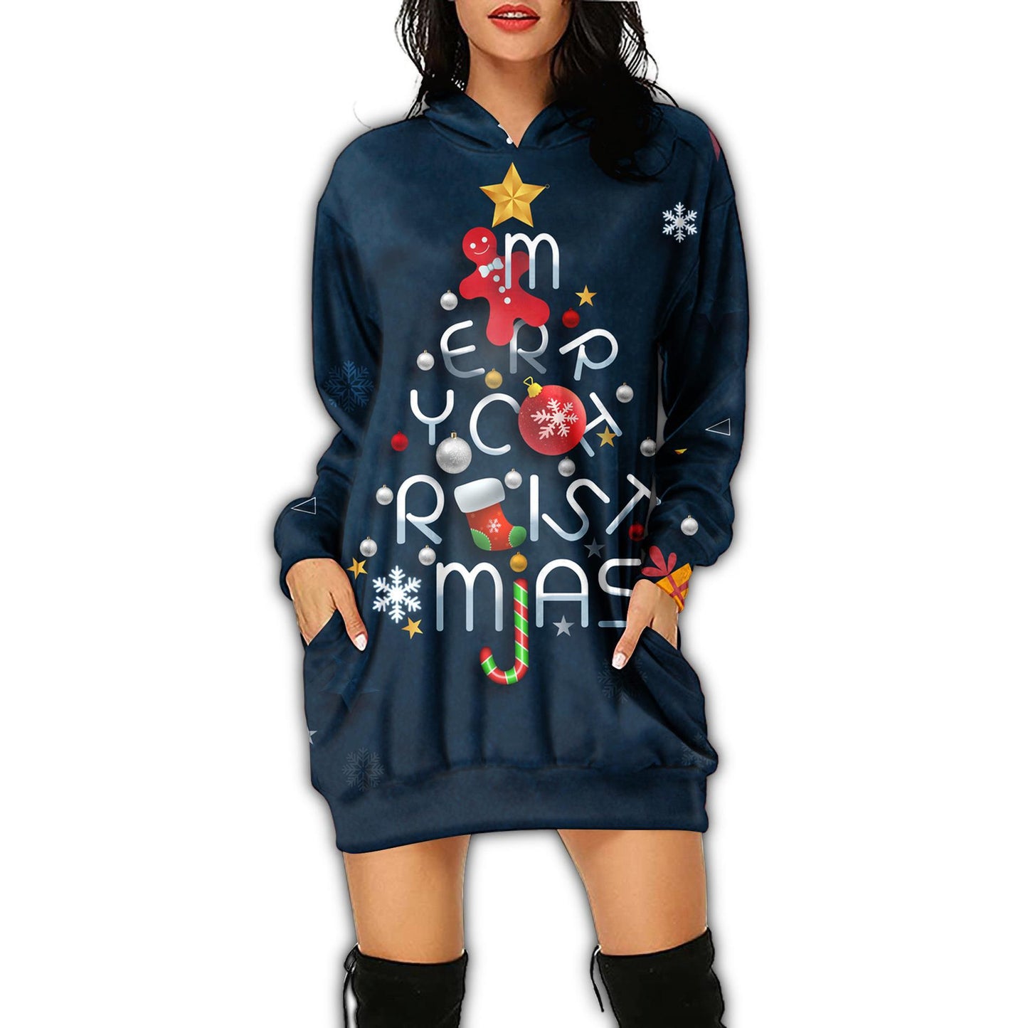 Autumn Women's Print Casual Long-Sleeved Hoodie Dress Christmas Holiday Party Dress