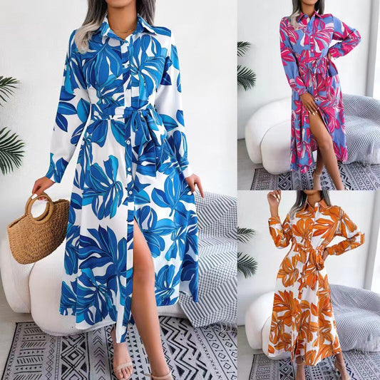 Women's Autumn Winter Color Plant Flower Lapel Print Shirt Skirt Long Dress