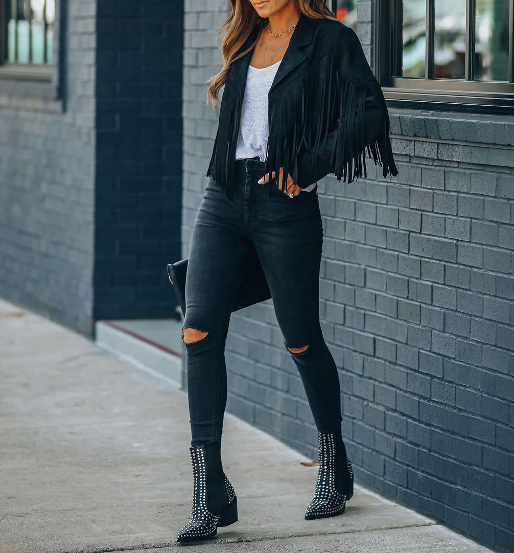 Women's Autumn New Slim-Fit Top Long-Sleeve Printed Fringe Coat Female