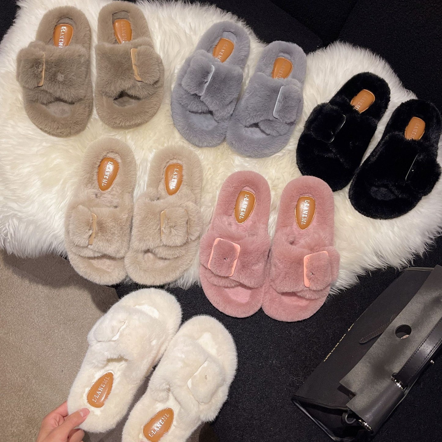 Autumn And Winter New Word Buckle Inside The Cashmere Fashion Senior Sense Outside To Wear Female Furry Slippers