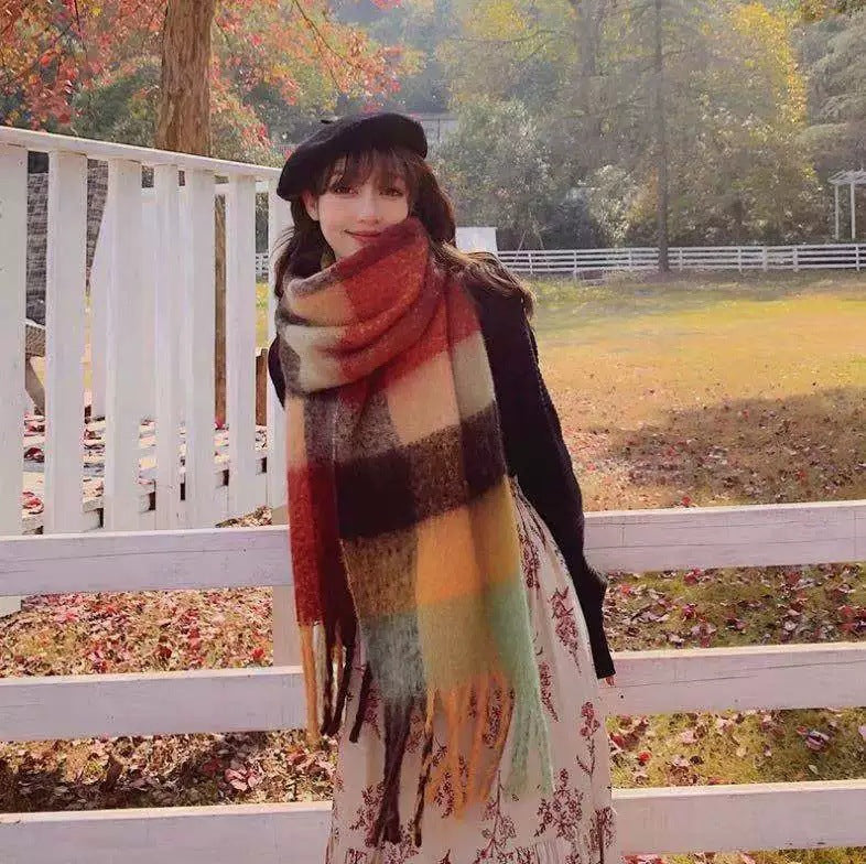 Girdle Female Autumn And Winter New Imitation Cashmere Scarf Female Rainbow Plaid Fringe Version Style Cape Knitted Outside