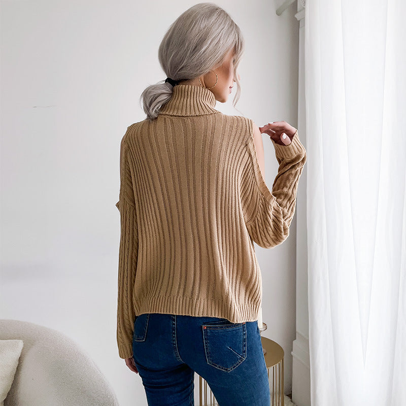 Fashion Women's Bottom Turtleneck Solid Color Long Sleeve Twist Off-The-Shoulder Sweater