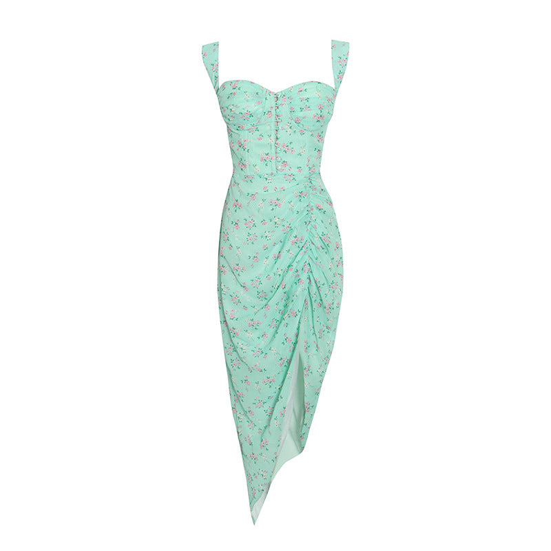Small Fresh Print Long Dress Summer Fashion Sleeveless Print Drawstring Sexy Irregular Dress Long Woman