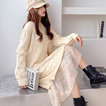 Women's Version New Spring And Autumn Loose Everything With Long Lace Splicing Small Fresh Knitted Dress