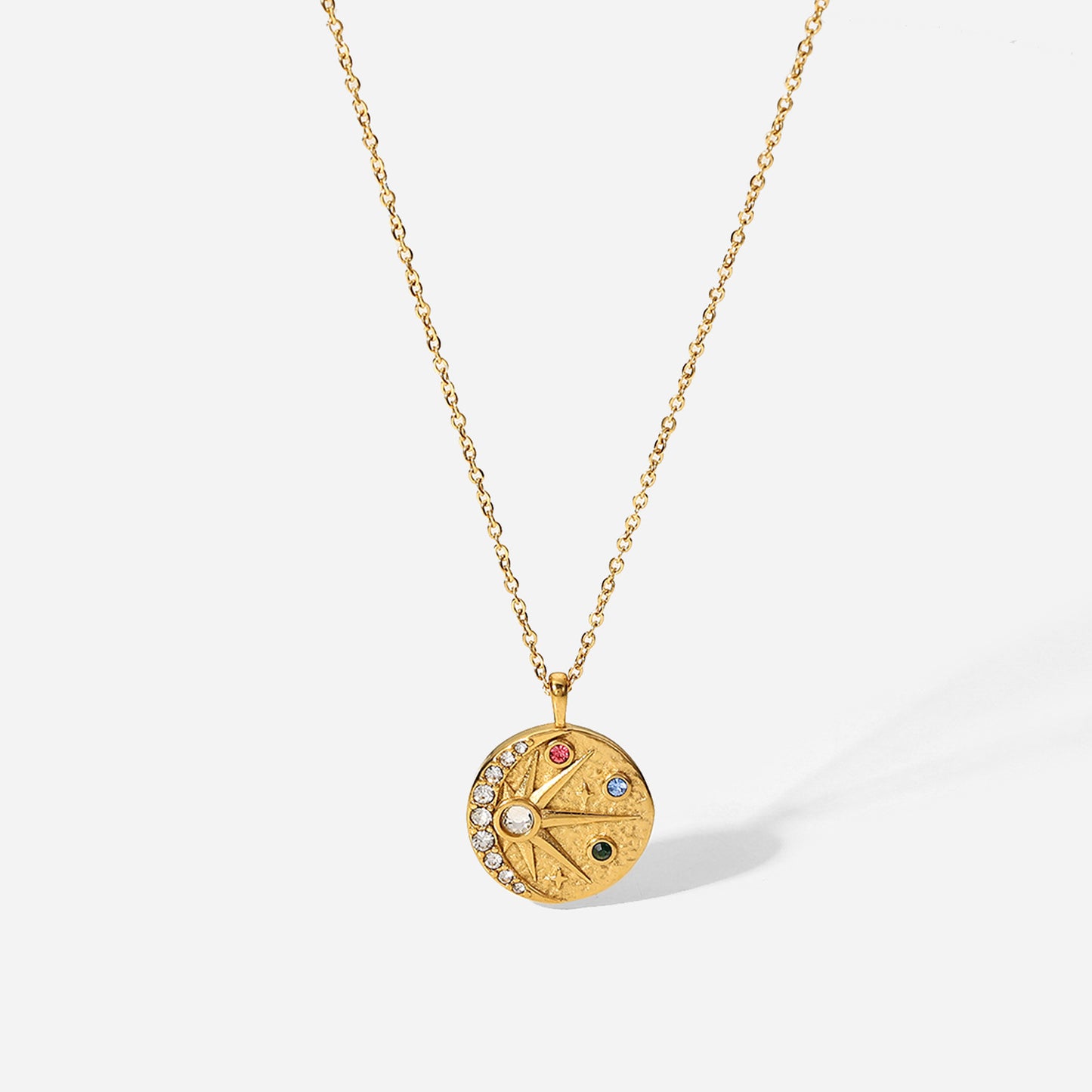 5pcs Stainless Steel Necklace 18K Gold Sun Moon Relief Hammer Inlaid Color Zircon Round Pendant Collar Female