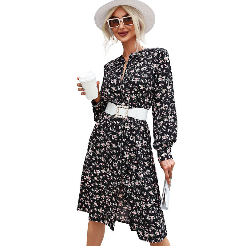 New Women's Printed Skirt Tie Round Neck Floral Dress