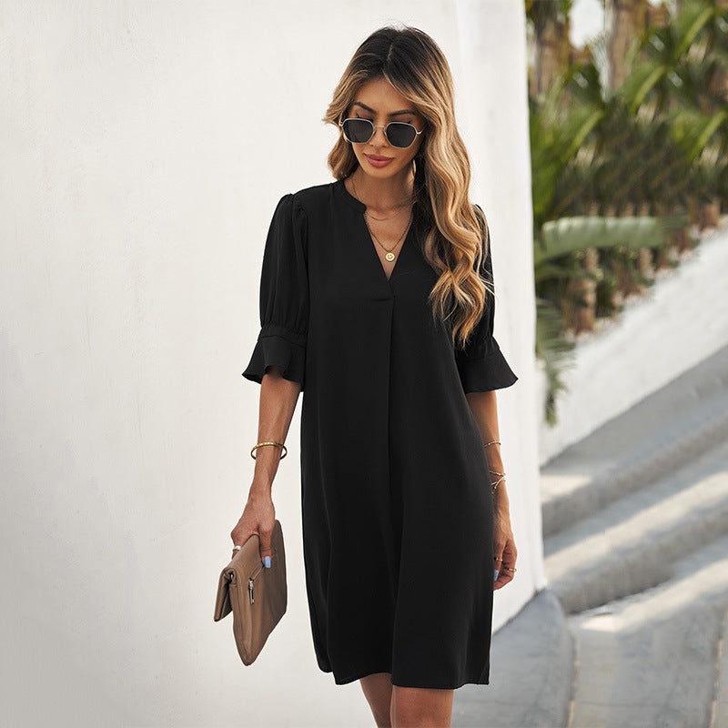 Summer New Chiffon Dress Women Loose Mid-Sleeve Solid Color V-Neck Knee Skirt