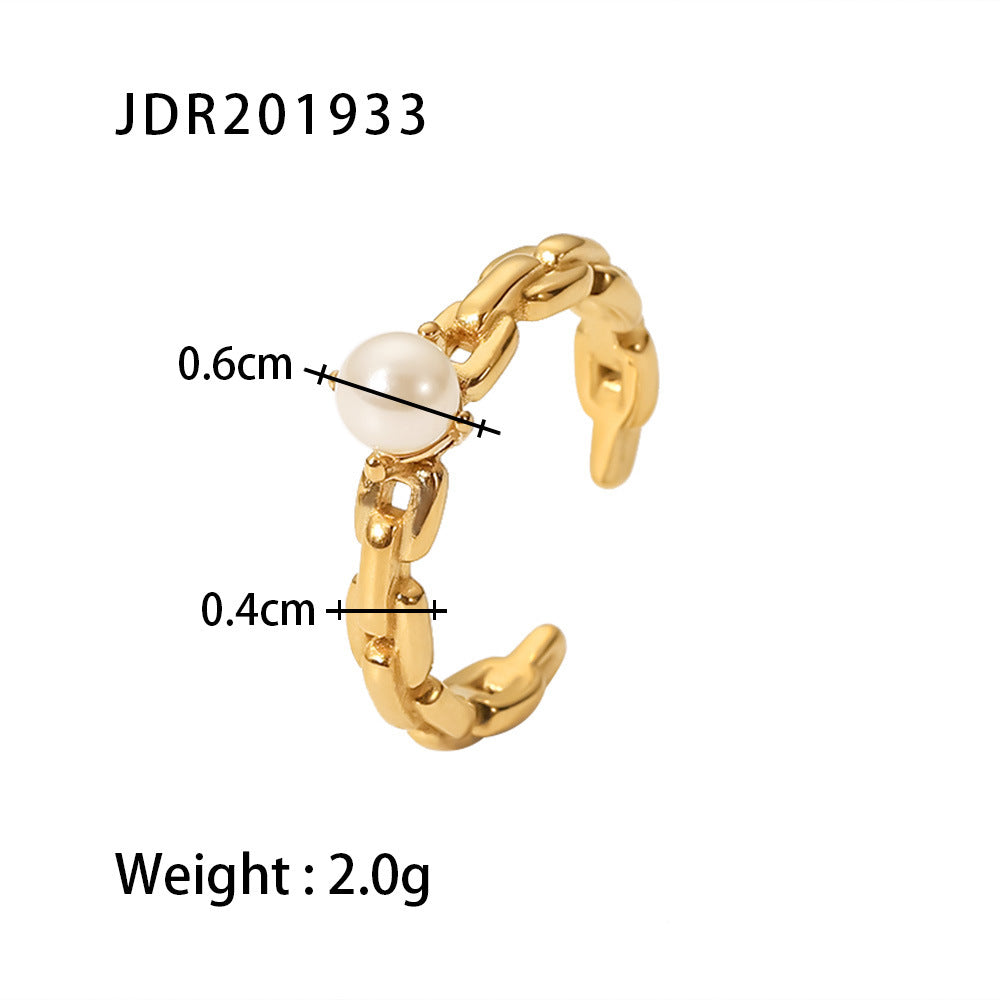 5pcs Women's Simple Geometric Titanium Steel Ring 18K Gold Chain Ring Pearl Earrings Fashion All-Match Ring