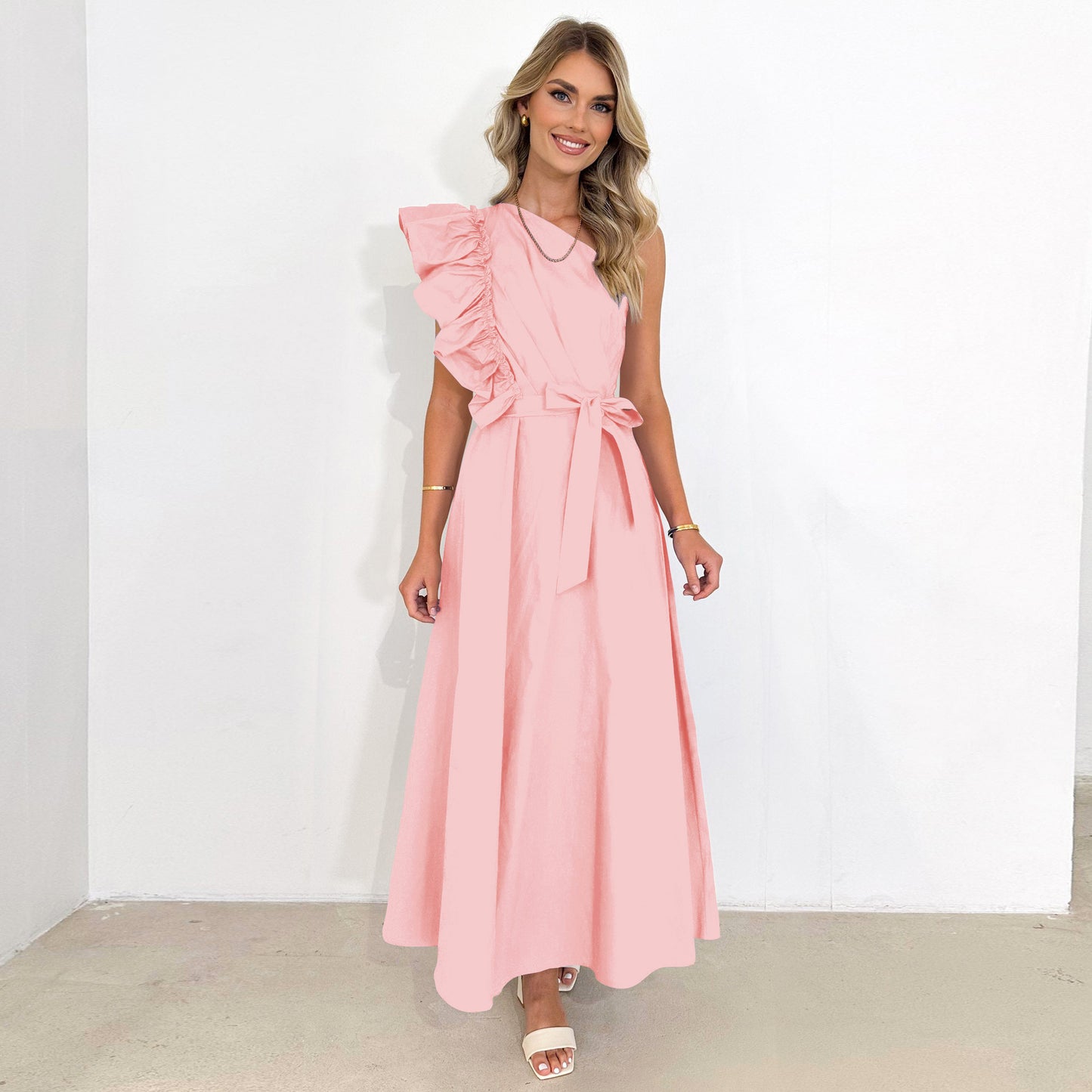 Women's Evening Gown One-Shoulder Lace-Up Dress Wooden Ear Fringe Bridesmaid Dress Toast Dress