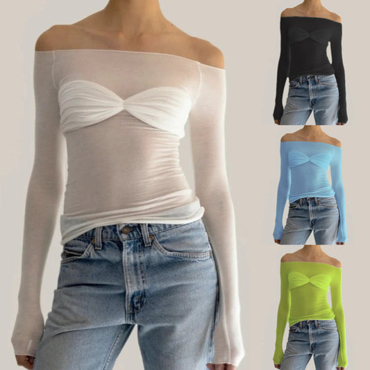 Spring And Summer Women's Light Perspective One Line Collar T-Shirt Top