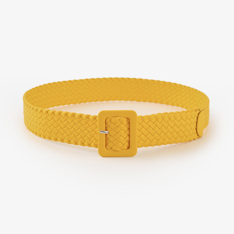 Pastoral Style Woven Wide Belt Fashion Candy Color Bag Buckle Decorated Dress Jeans Belt Women