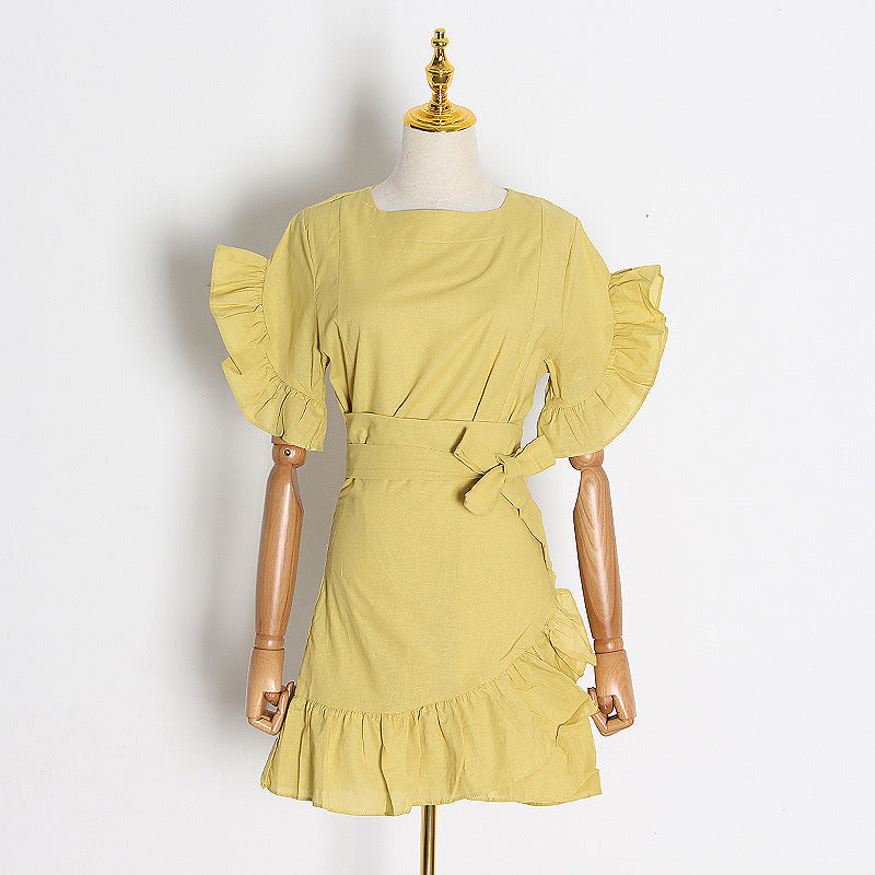 Fashion Adjustable Belt Ruffled Stitching A Line Skirt Spring New Cotton And Linen Dress Women's Tide