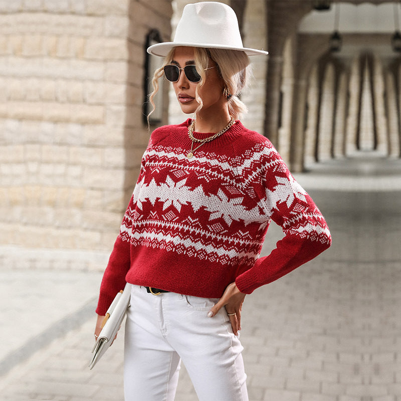 Autumn And Winter New Women's Fashion Crewneck Red Knitted Christmas Snowflake Sweater